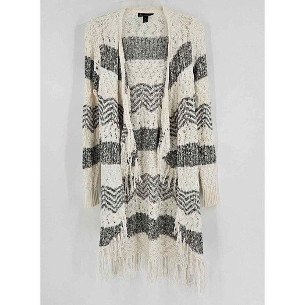 I.N.C. International Concepts Longline Loose Knit Stripe Fringed Cardigan Sz M